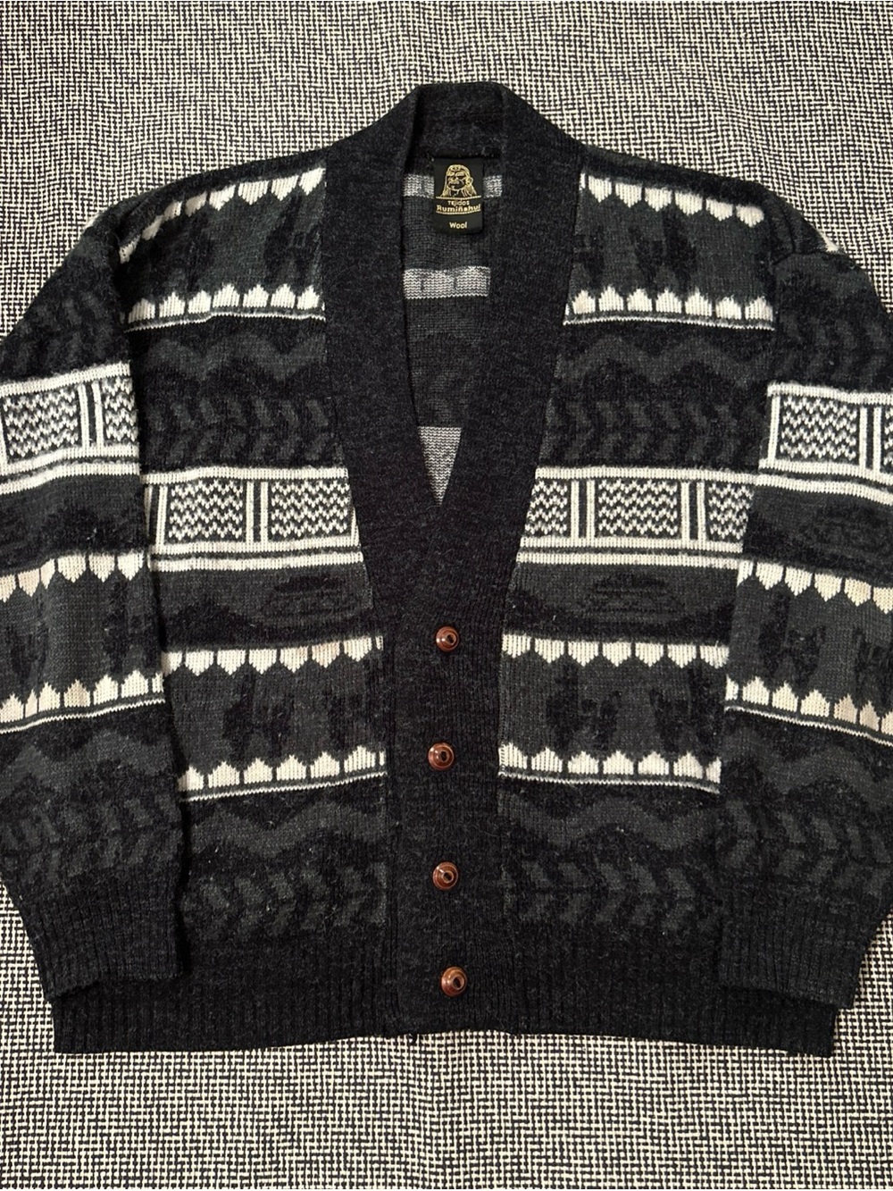 Men's Black & White Patterned Wool Cardigan Sweater